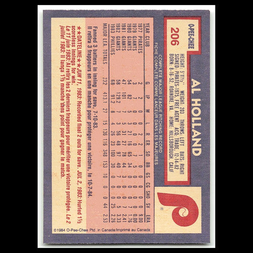 Al Holland #206 1984 O-Pee-Chee Philadelphia Phillies Baseball Card MLB NM
