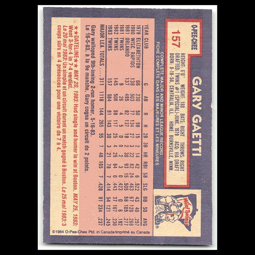 Gary Gaetti #157 1984 O-Pee-Chee Minnesota Twins Baseball Card MLB NM