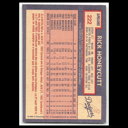 Rick Honeycutt #222 1984 O-Pee-Chee Los Angeles Dodgers Baseball Card MLB NM