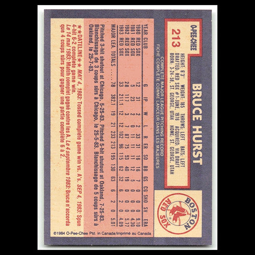 Bruce Hurst #213 1984 O-Pee-Chee Boston Red Sox Baseball Card MLB NM