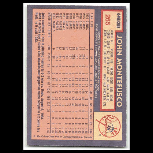 John Montefusco #265 1984 O-Pee-Chee New York Yankees Baseball Card MLB NM
