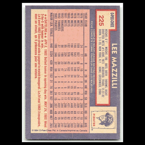 Lee Mazzilli #225 1984 O-Pee-Chee Pittsburgh Pirates Baseball Card MLB NM