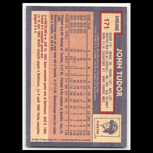 John Tudor #171 1984 O-Pee-Chee Pittsburgh Pirates Baseball Card MLB NM