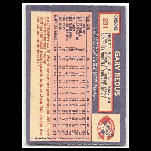 Gary Redus #231 1984 O-Pee-Chee Cincinnati Reds Baseball Card MLB NM