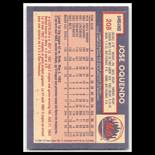 Jose Oquendo #208 1984 O-Pee-Chee New York Mets Baseball Card MLB NM