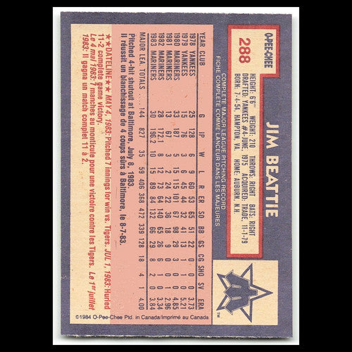 Jim Beattie #288 1984 O-Pee-Chee Seattle Mariners Baseball Card MLB NM