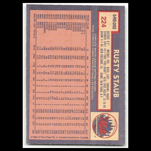 Rusty Staub #224 1984 O-Pee-Chee New York Mets Baseball Card MLB NM