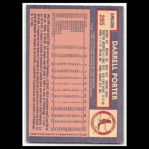 Darrell Porter #285 1984 O-Pee-Chee St. Louis Cardinals Baseball Card MLB NM