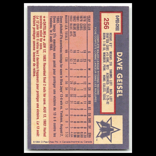 Dave Geisel #256 1984 O-Pee-Chee Seattle Mariners Baseball Card MLB NM