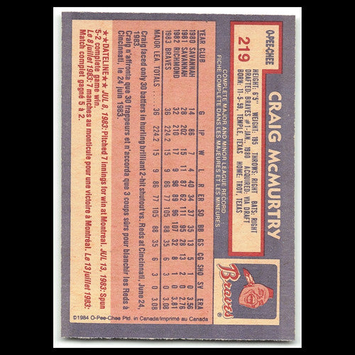 Craig McMurtry #219 1984 O-Pee-Chee Atlanta Braves Baseball Card MLB NM