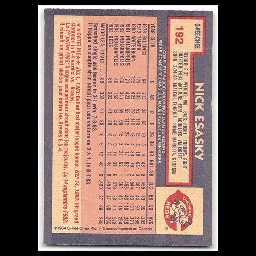 Nick Esasky Rookie #192 1984 O-Pee-Chee Cincinnati Reds Baseball Card MLB NM