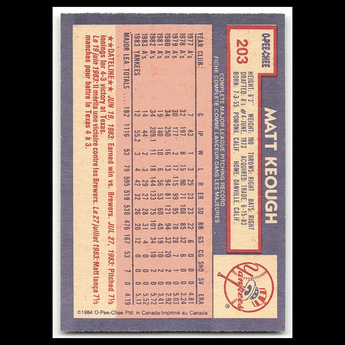 Matt Keough #203 1984 O-Pee-Chee New York Yankees Baseball Card MLB NM