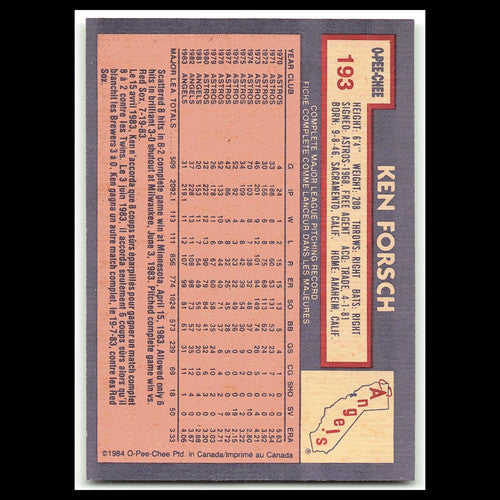 Ken Forsch #193 1984 O-Pee-Chee California Angels Baseball Card MLB NM