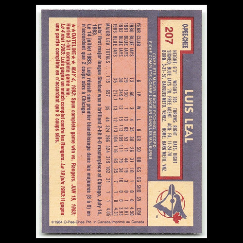 Luis Leal #207 1984 O-Pee-Chee Toronto Blue Jays Baseball Card MLB NM