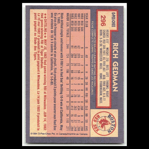 Rich Gedman #296 1984 O-Pee-Chee Boston Red Sox Baseball Card MLB NM