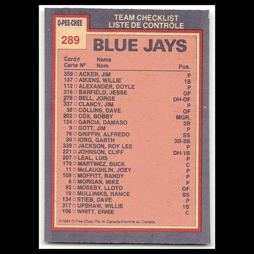 Blue Jays Team Leaders - Lloyd Moseby/Dave Stieb #289 1984 O-Pee-Chee Blue Jays