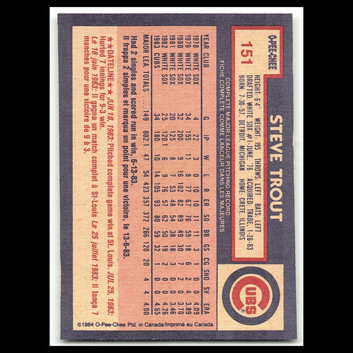 Steve Trout #151 1984 O-Pee-Chee Chicago Cubs Baseball Card MLB NM