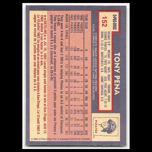 Tony Pena #152 1984 O-Pee-Chee Pittsburgh Pirates Baseball Card MLB NM