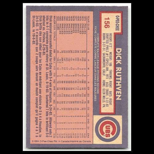 Dick Ruthven #156 1984 O-Pee-Chee Chicago Cubs Baseball Card MLB NM