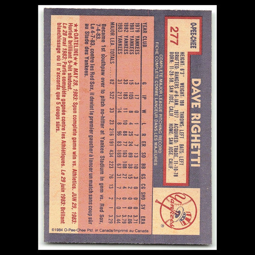 Dave Righetti #277 1984 O-Pee-Chee New York Yankees Baseball Card MLB NM