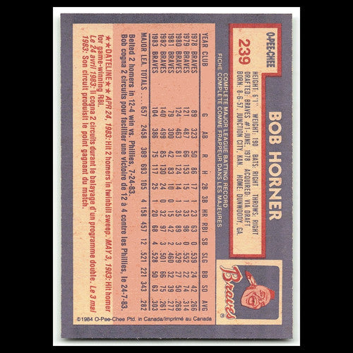 Bob Horner #239 1984 O-Pee-Chee Atlanta Braves Baseball Card MLB NM