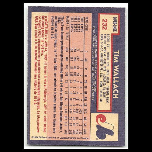 Tim Wallach #232 1984 O-Pee-Chee Montreal Expos Baseball Card MLB NM