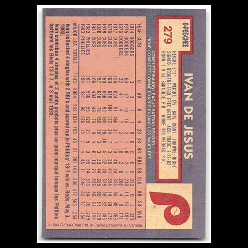 Ivan DeJesus #279 1984 O-Pee-Chee Philadelphia Phillies Baseball Card MLB NM