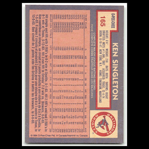 Ken Singleton #165 1984 O-Pee-Chee Baltimore Orioles Baseball Card MLB NM