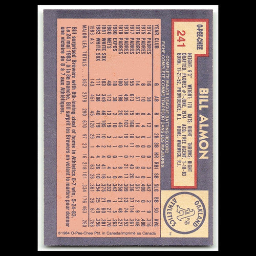 Bill Almon #241 1984 O-Pee-Chee Oakland Athletics Baseball Card MLB NM