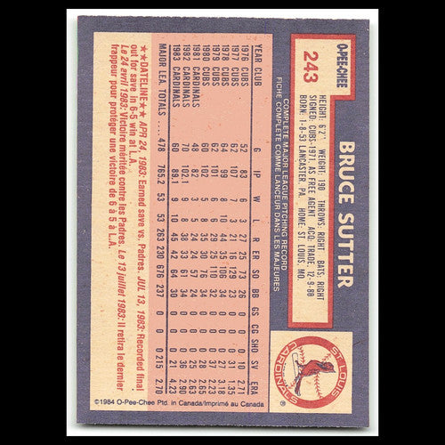 Bruce Sutter #243 1984 O-Pee-Chee St. Louis Cardinals Baseball Card MLB NM