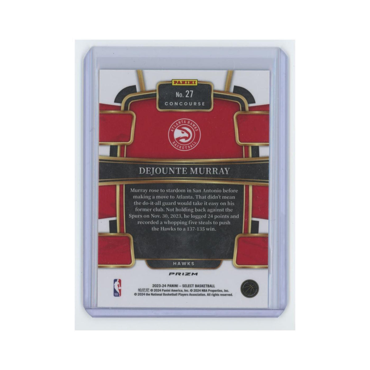 Dejounte Murray 2023 Panini Select #27 Atlanta Hawks Basketball Card NM