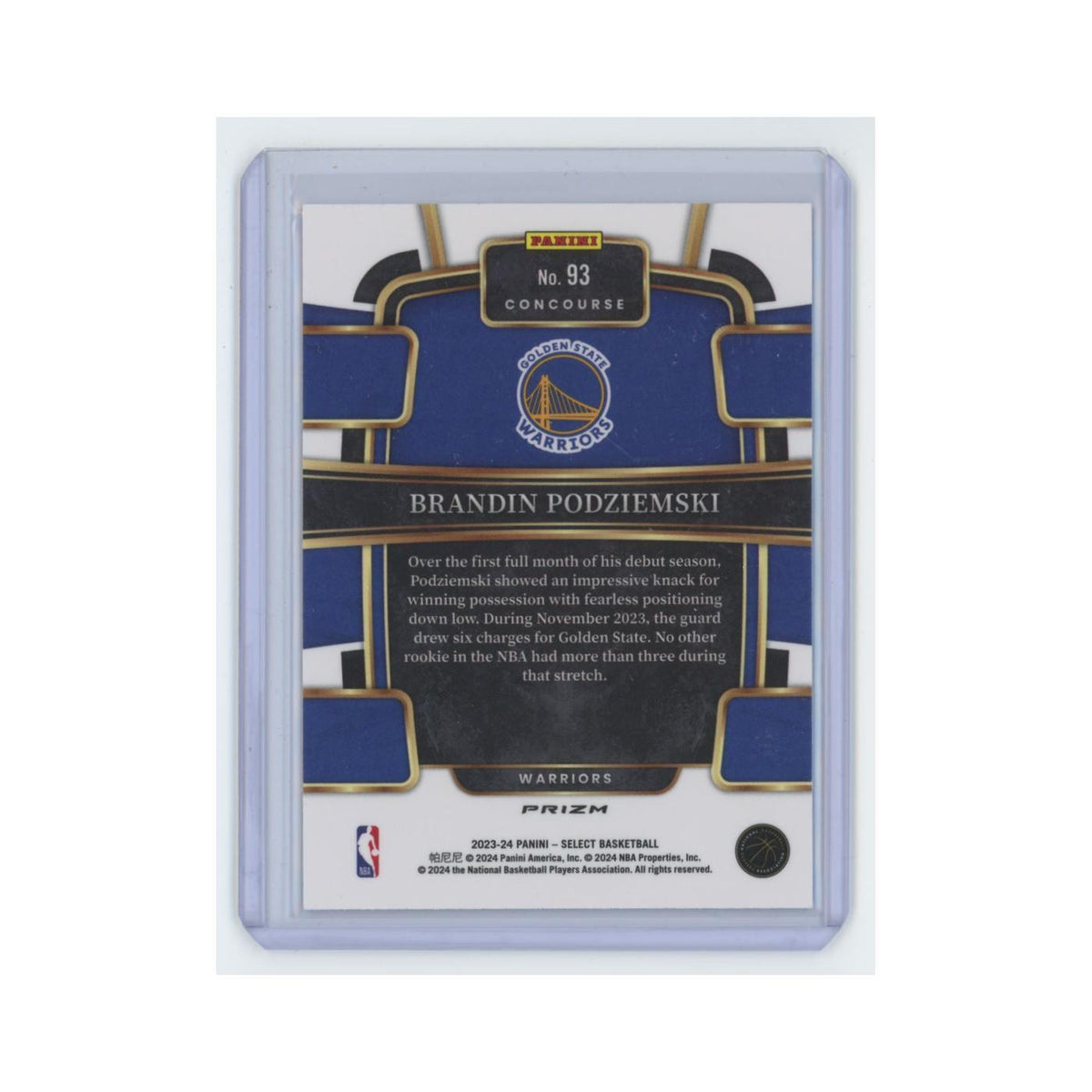 Brandin Podziemski Rookie 2023 Panini Select #93 Golden State Warriors NM