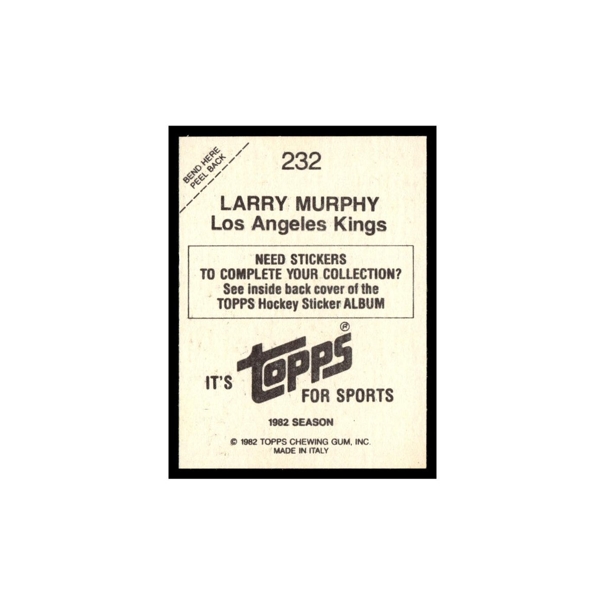 Larry Murphy 1982 Topps Stickers #232 Los Angeles Kings Hockey Card EX