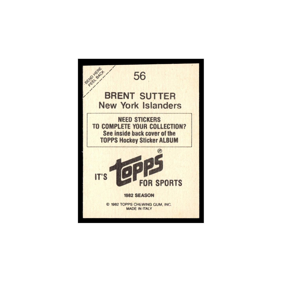 Brent Sutter 1982 Topps Stickers #56 New York Islanders Hockey Card EX