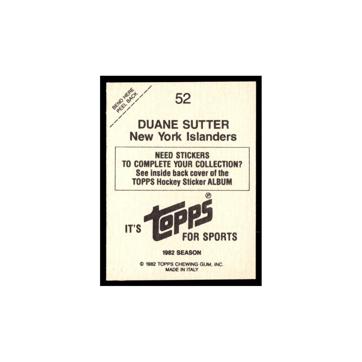 Duane Sutter 1982 Topps Stickers #52 New York Islanders Hockey Card EX