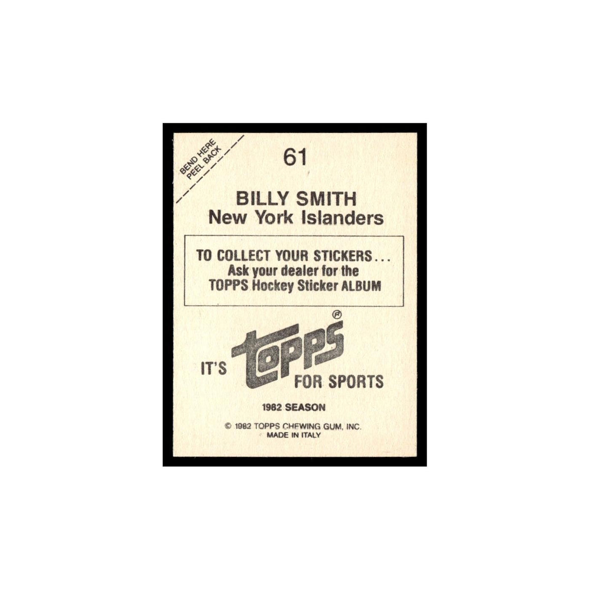 Billy Smith 1982 Topps Stickers #61 New York Islanders Hockey Card EX