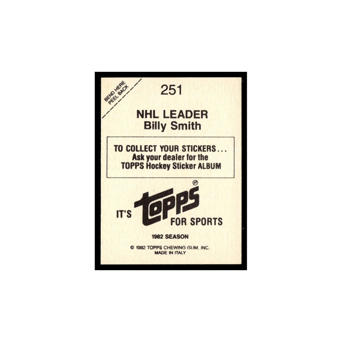 Billy Smith 1982 Topps Stickers #251 New York Islanders Hockey Card EX
