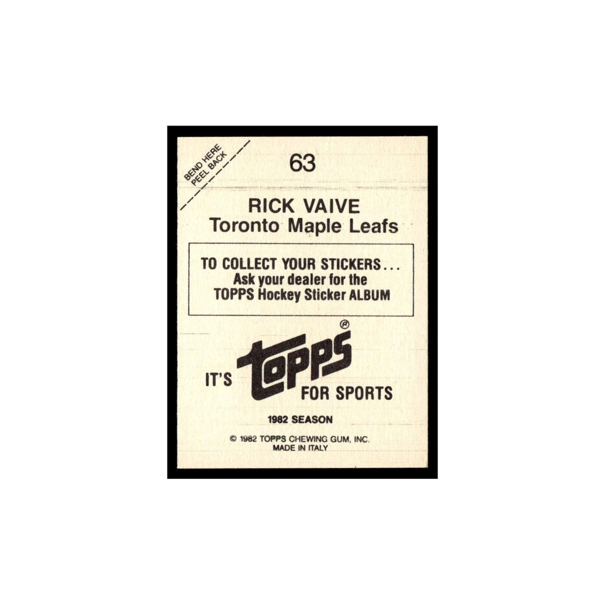 Rick Vaive 1982 Topps Stickers #63 Toronto Maple Leafs Hockey Card EX