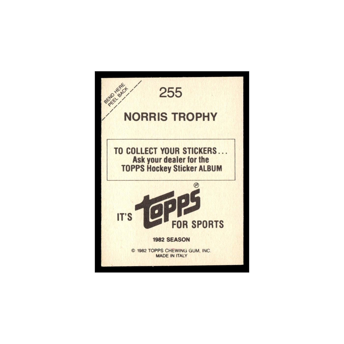 Norris Trophy 1982 Topps Stickers #255 Hockey Card EX