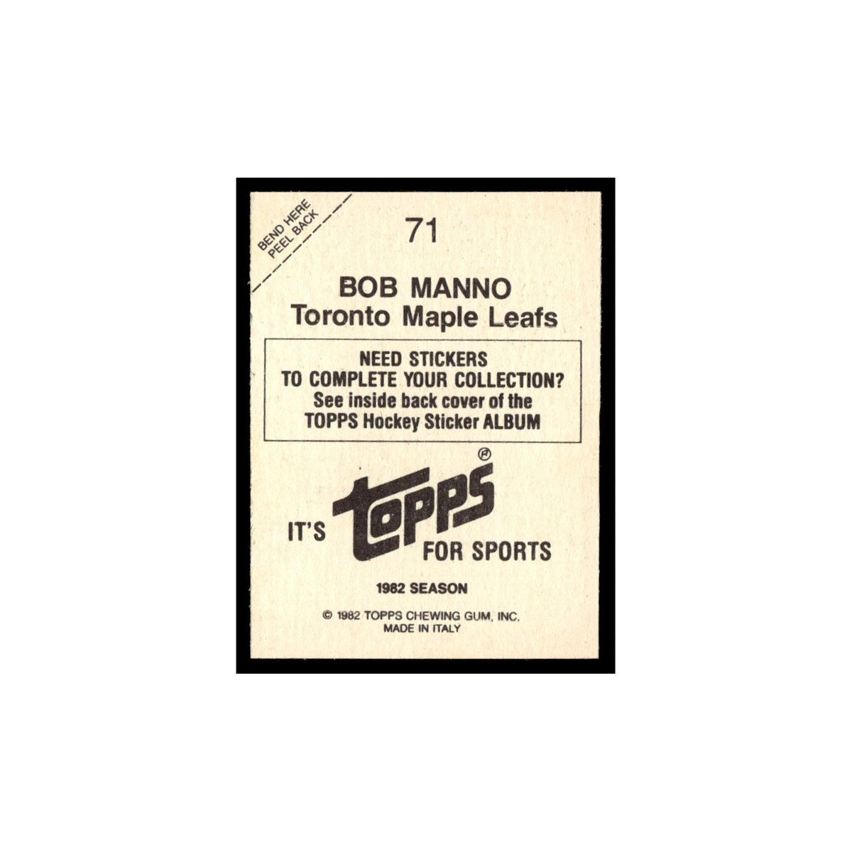 Bob Manno 1982 Topps Stickers #71 Toronto Maple Leafs Hockey Card EX