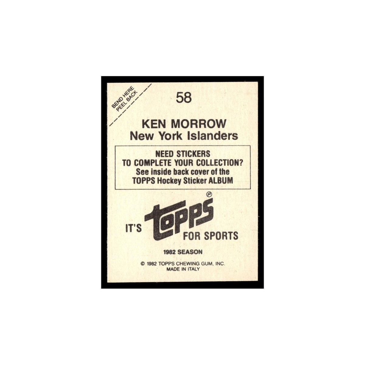 Ken Morrow 1982 Topps Stickers #58 New York Islanders Hockey Card EX