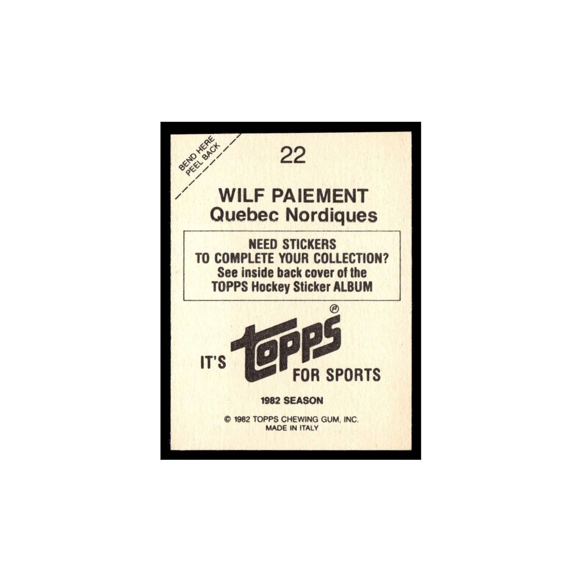 Wilf Paiement 1982 Topps Stickers #22 Quebec Nordiques Hockey Card EX
