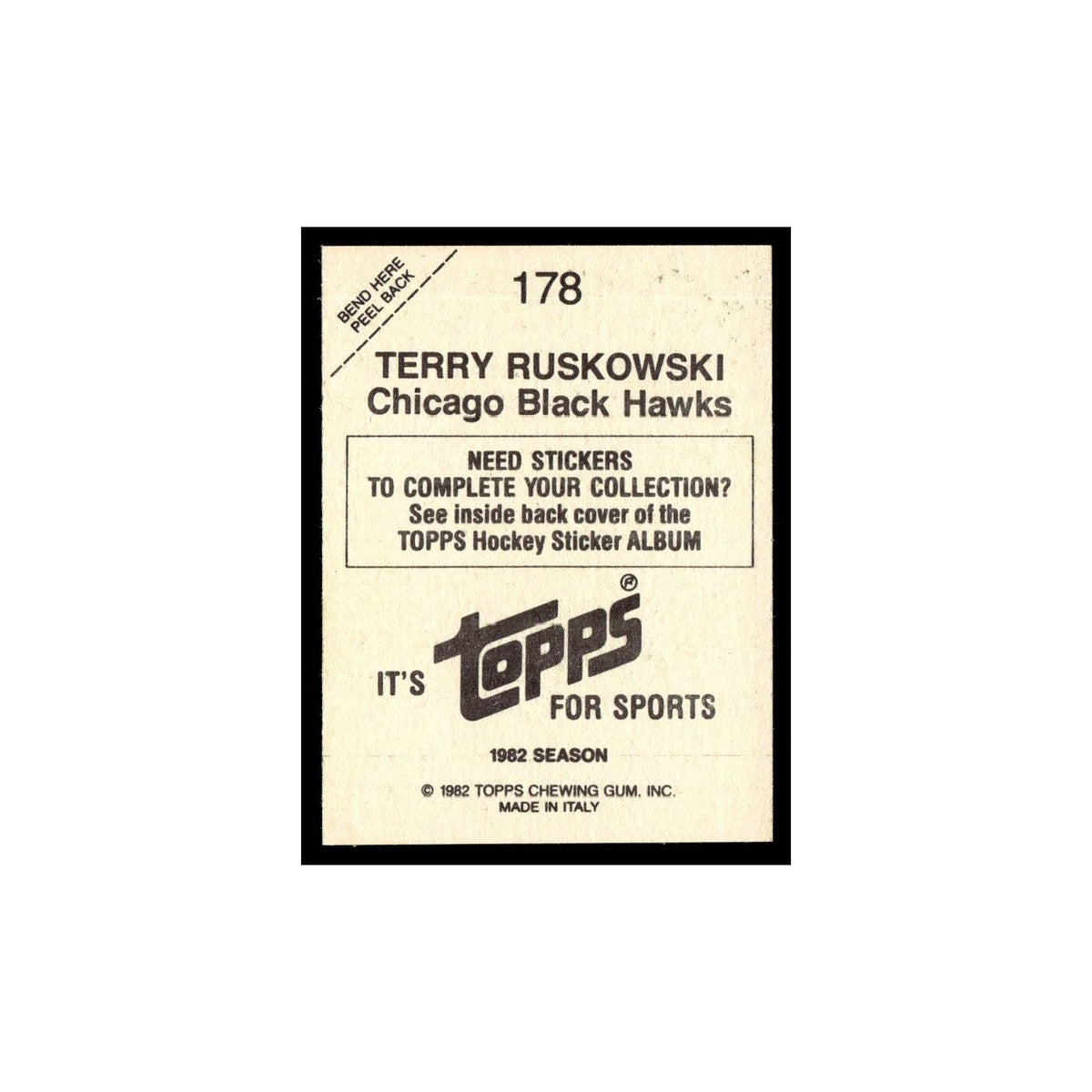 Terry Ruskowski 1982 Topps Stickers #178 Chicago Blackhawks Hockey Card EX