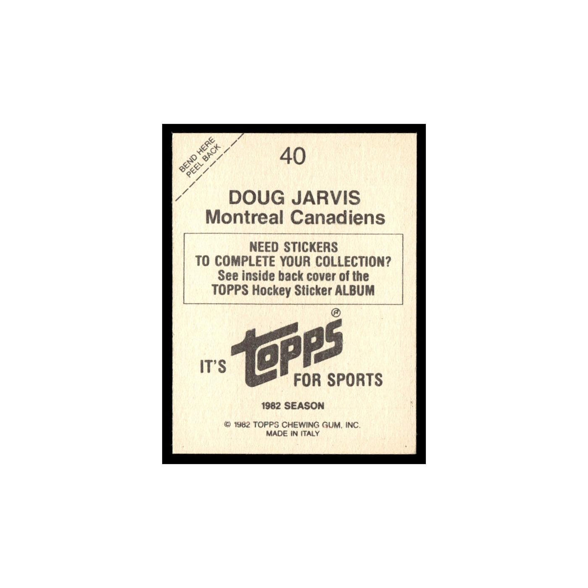 Doug Jarvis 1982 Topps Stickers #40 Montreal Canadiens Hockey Card EX