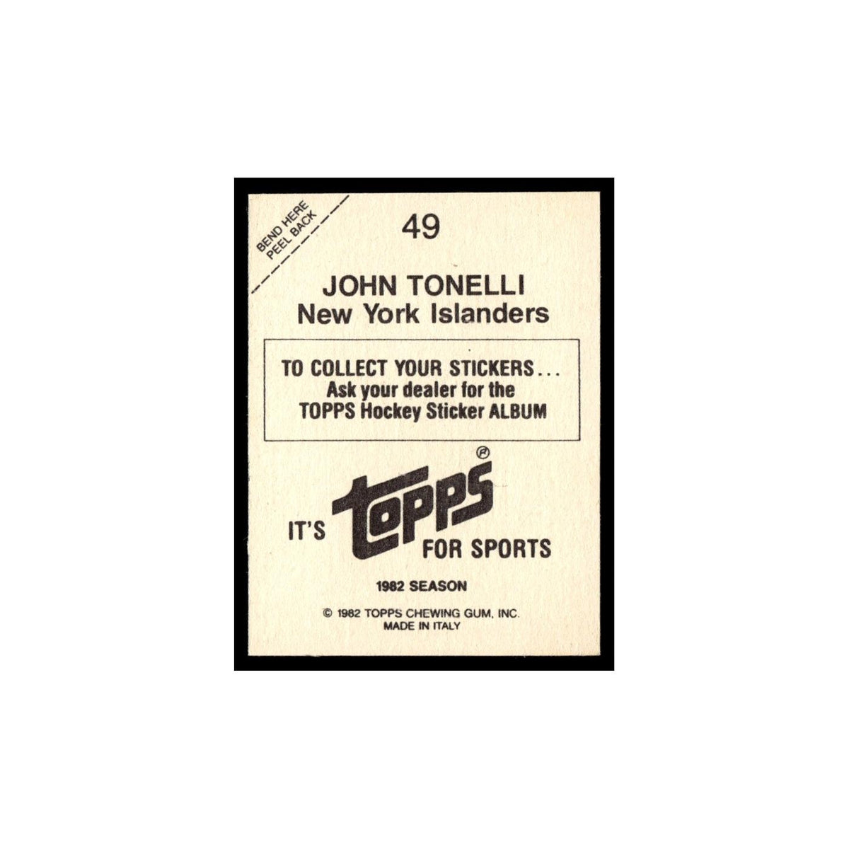 John Tonelli 1982 Topps Stickers #49 New York Islanders Hockey Card EX