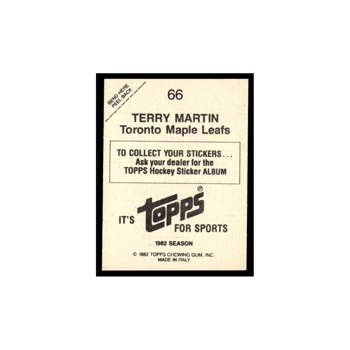 Terry Martin 1982 Topps Stickers #66 Toronto Maple Leafs Hockey Card EX