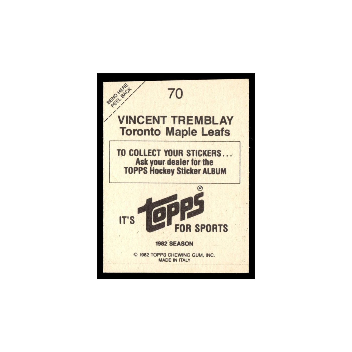 Vincent Tremblay 1982 Topps Stickers #70 Toronto Maple Leafs Hockey Card EX