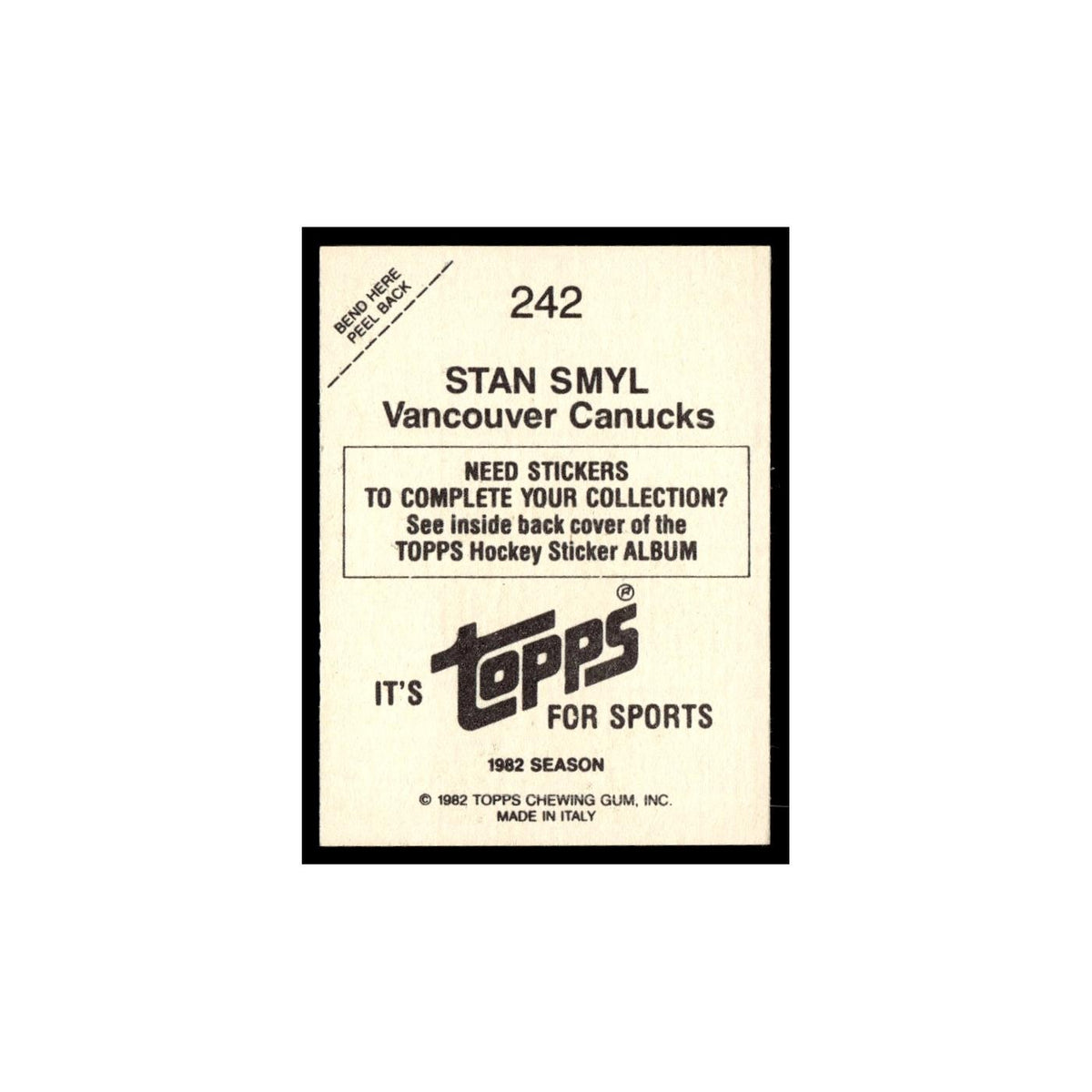 Stan Smyl 1982 Topps Stickers #242 Vancouver Canucks Hockey Card EX