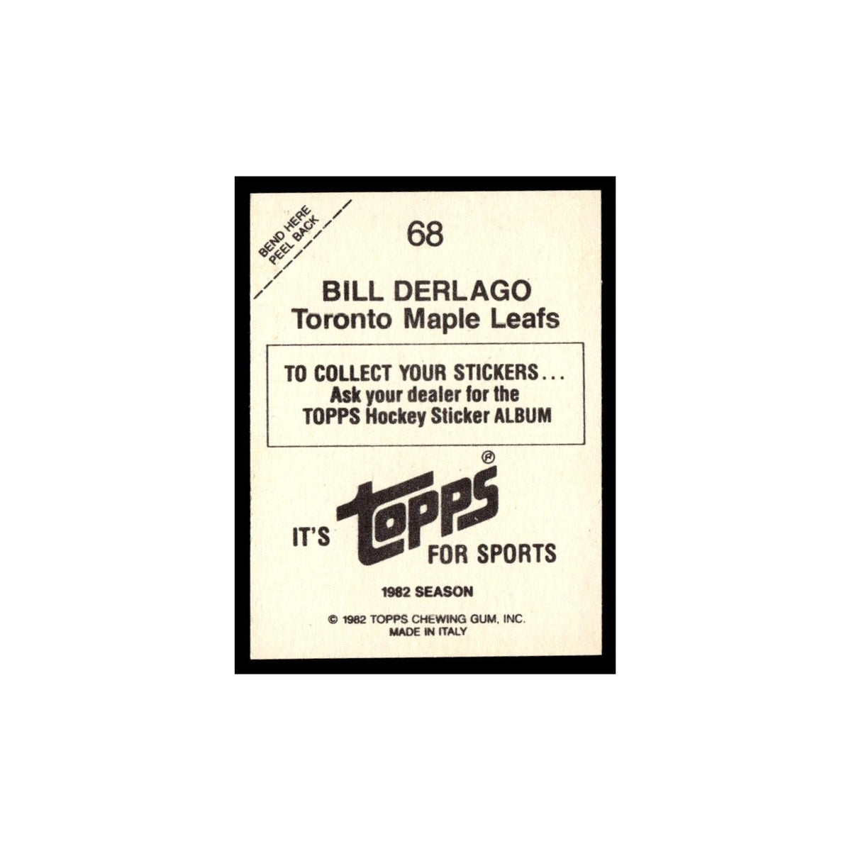 Bill Derlago 1982 Topps Stickers #68 Toronto Maple Leafs Hockey Card EX