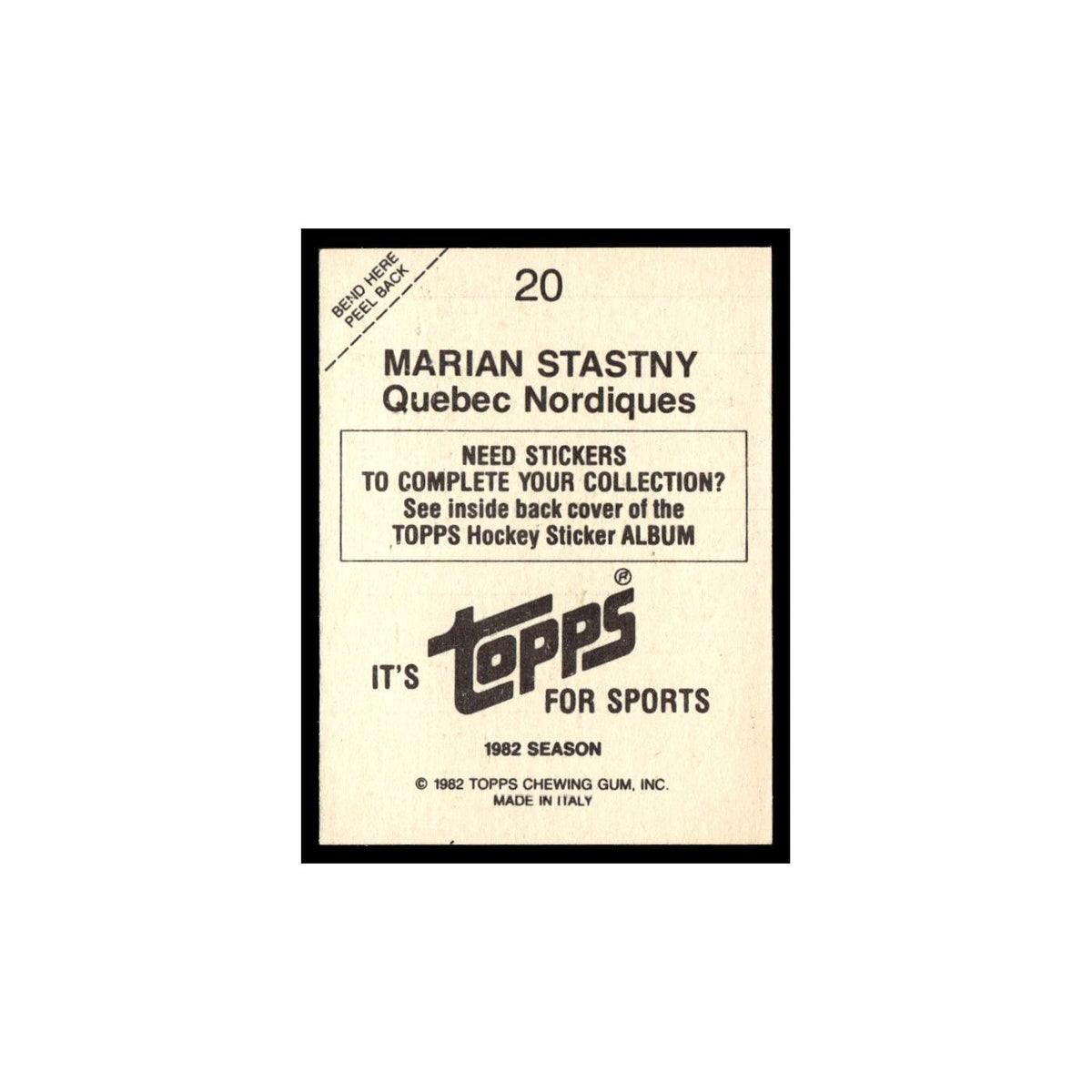 Marian Stastny 1982 Topps Stickers #20 Quebec Nordiques Hockey Card EX